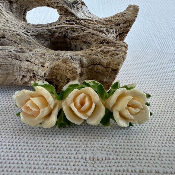 Antique Carved Celluloid Rose Floral Brooch - Picture 10 of 12